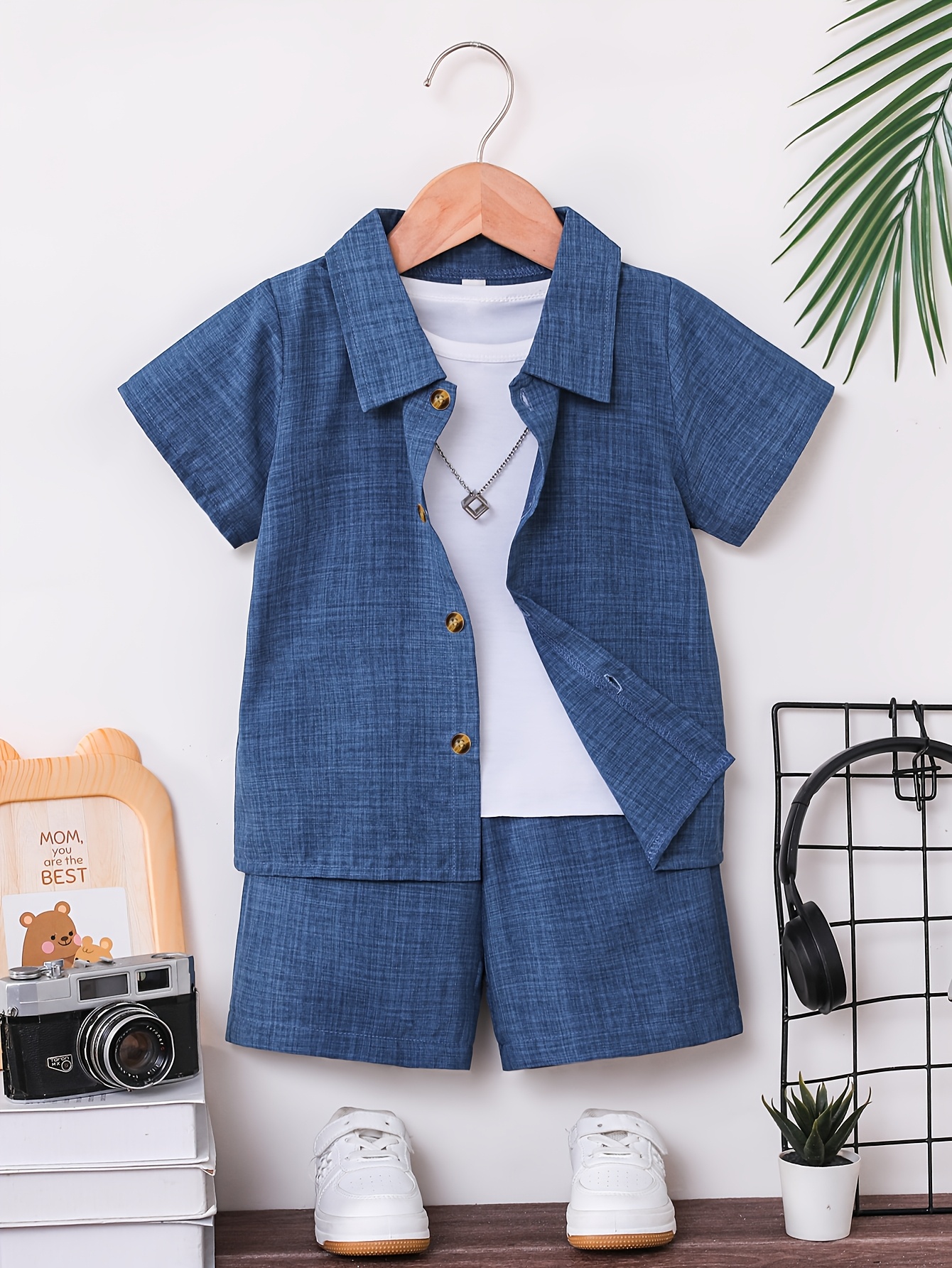 2pcs Boys' Summer Short Sleeve Button-Up Shirt & Matching Shorts - Solid Color Collar Outfit, Short Sleeve Casual Playwear for School, Outdoor, Vacation - Matching 2pcs Suit, Button Closure ( & Kids), Perfect for Outdoor