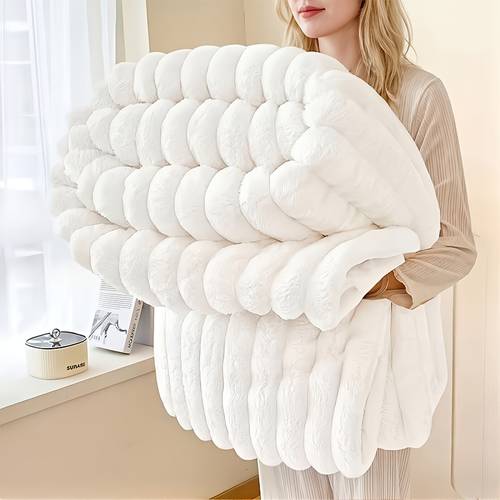 thick luxurious flannel faux rabbit fur blanket style warm and comfortable lint free machine washable suitable for use as a bedspread nap blanket shawl