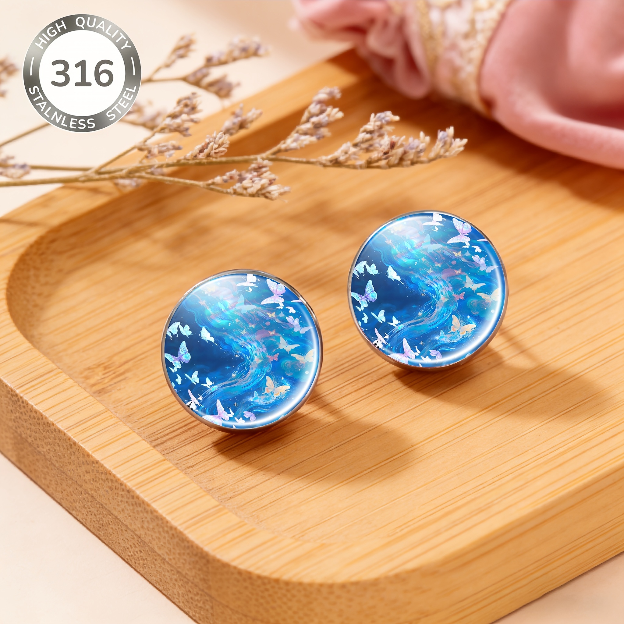 2pcs 316 Stainless Steel Round Studs with Nebula Butterfly Design