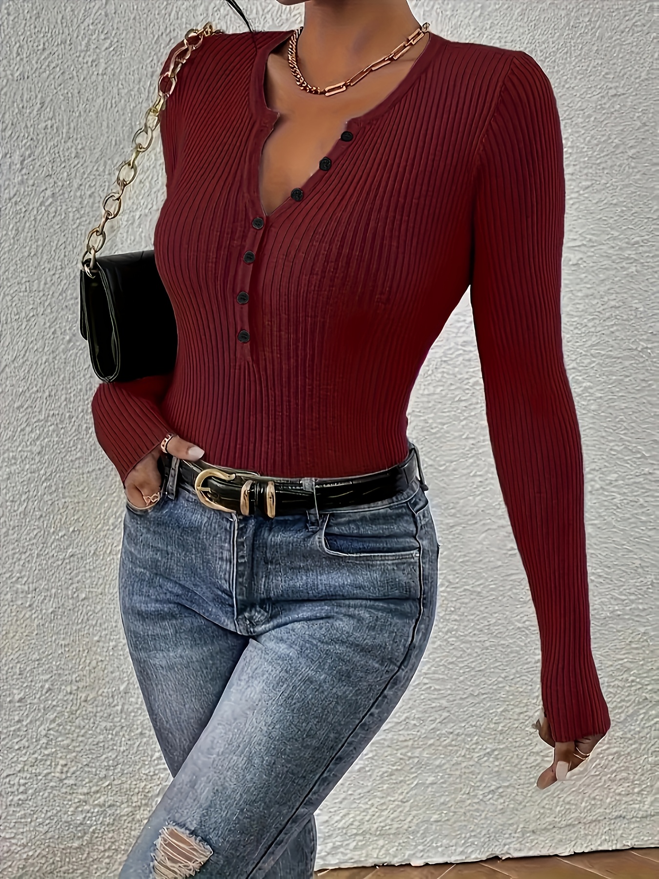 Front button solid ribbed sweater, elegant long-sleeve fitted cardigan, suitable for autumn and winter season, Women's clothing