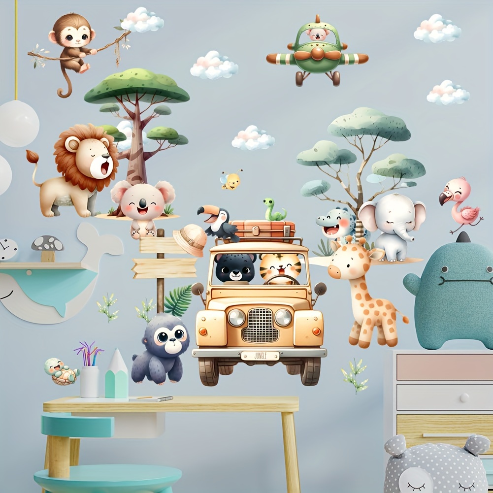 Image of Cartoon Cute Forest Animals Lion Giraffe Car Decoration Wall Stickers, Room Kindergarten Bedroom Living Room Bedroom Background Wall Stickers