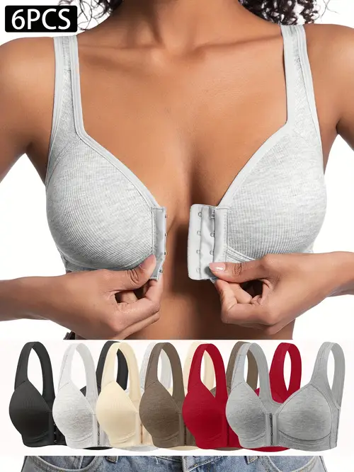 item picture 6pcs womens front closure wire free push up bras seamless ribbed design medium stretch fabric non removable padded cups round neckline for everyday casual outdoor wear 6 colors black beige red gray white light brown comfortable support sleek silhouette smooth texture
