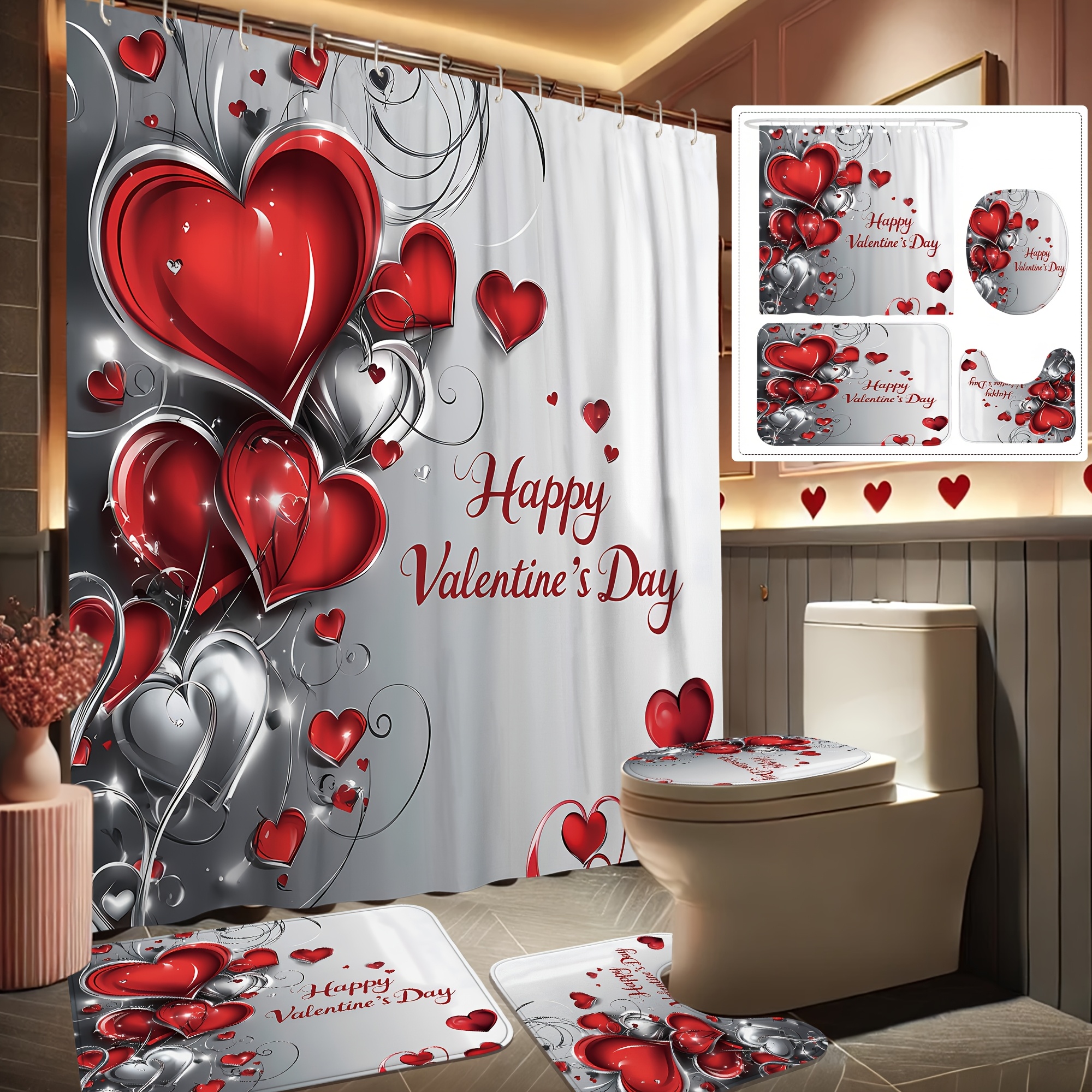 

1/4pcs Happy Valentine's Day Decoration Shower Set Heart Romantic Red Silvery Shower Washable For Bathroom Shower Ornament Gift Home With12hooks Non-slip Bath Mat Toilet Lid Cover Mat