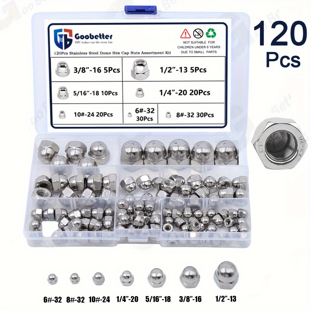 

120pcs Acorn Cap Nuts Dome Cap Head Nuts #6 #8 #10 1/4" 5/16" 3/8" 1/2", 304 Stainless Steel Acorn Hex Nuts Decorative Round Head Cover Hex Dome Nuts