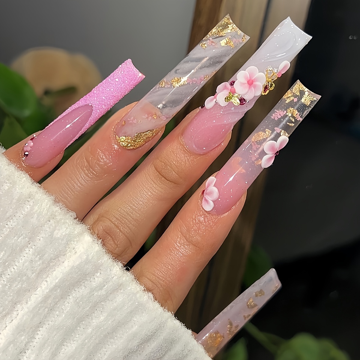 

24pcs Pink French Tip Press-on Nails Set With Cute Floral & Marble Design, Accents - Long Square Shape, - Includes Jelly Adhesive & Nail File For Women And Girls, Cool, Shape