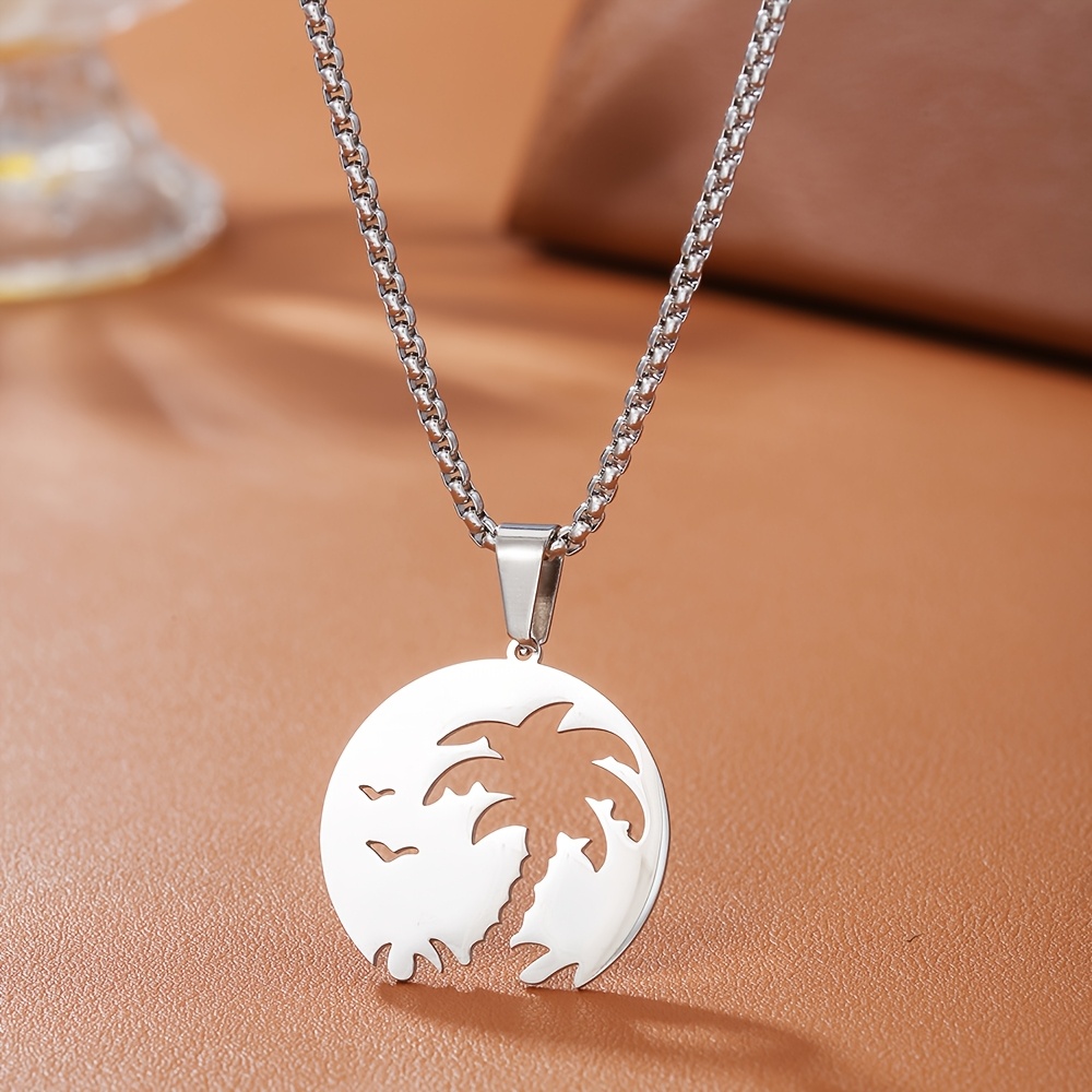 Image of 1pc 304 Stainless Steel 18k Golden-plated Coconut Tree And Seagull Element Pendant Necklace, Suitable For Men And Women For Daily Wear, A Beach Vacation, Birthday, Or Holiday Gift For Family