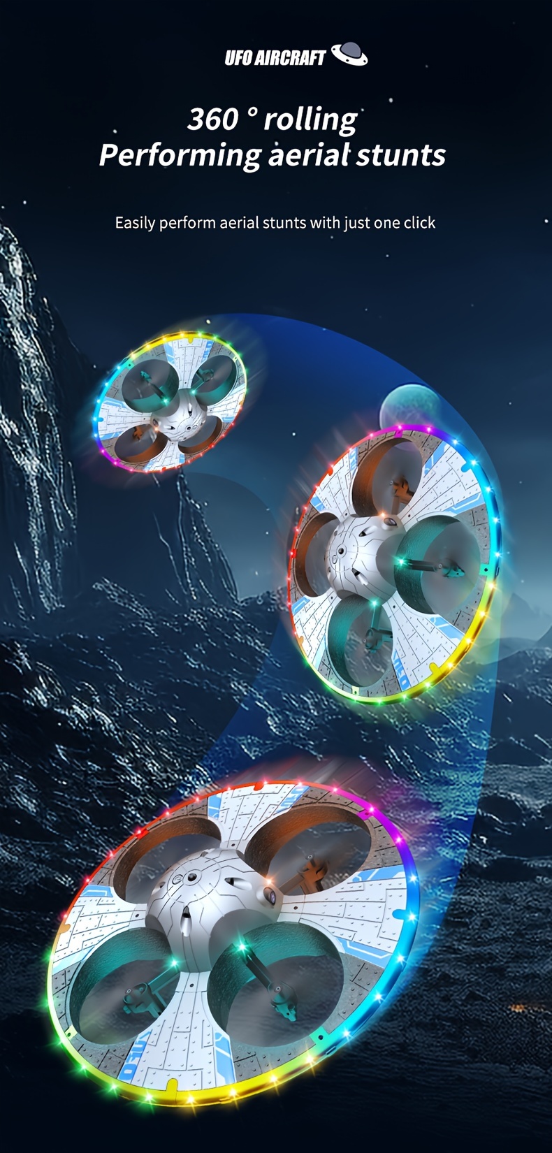 ufo   with two batteries   aerial photography intelligent omnidirectional obstacle avoidance stable   flight 360 degree rolling colored lights and foam four   Product details 3