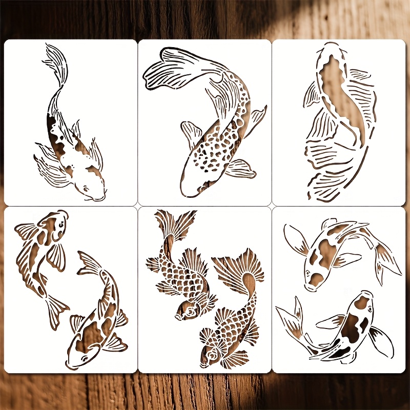 Image of 6pcs Koi Fish Template Set, 25x20cm - Reusable Pet Template For Wood, Floor, Canvas, Walls And Tile Paintings - Waterproof, Ideal Gift For Home, Handmade Koi Reusable Template