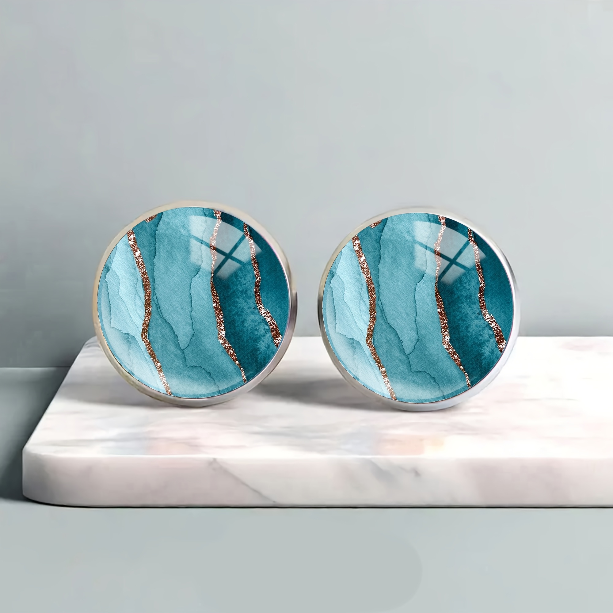 Image of 1 Pair Of Teal Patterned Stainless Steel Ear Studs, Elegant And Sexy Men's And Women's Holiday Wear Jewelry Earrings
