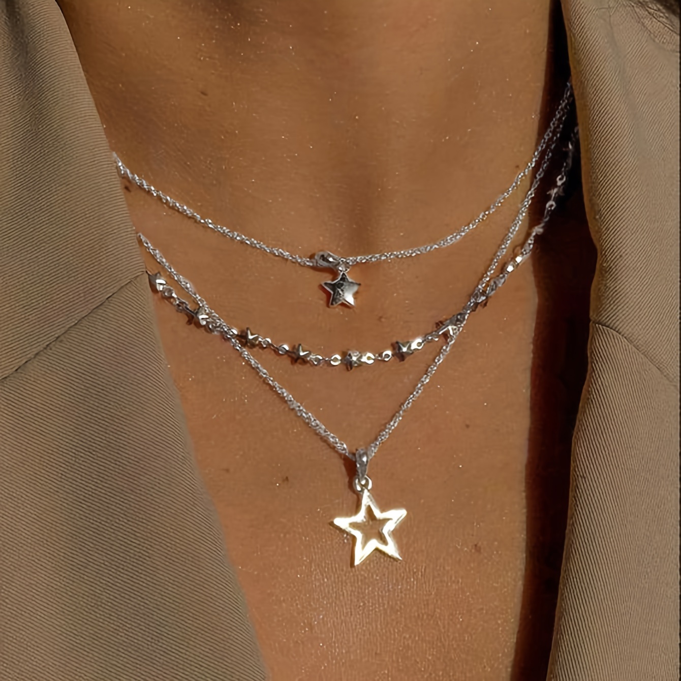 Image of 1pc Fashion Easy Hollow Pentagram Pendant Necklace Stackable Neck Chain Women's Vacation Party Dating Gift Daily Wear