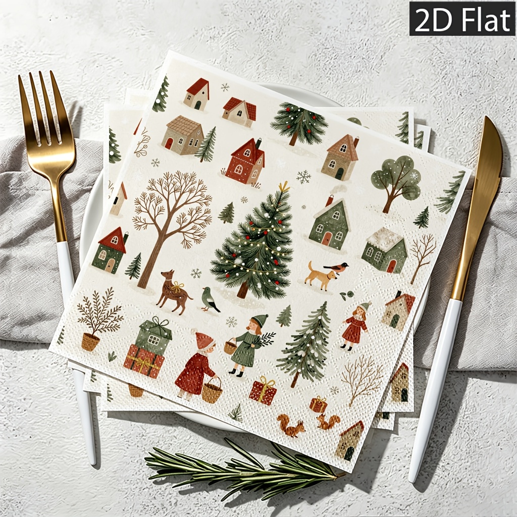 TEMU 2d Flat 20pcs Disposable Paper Napkins, 2-ply For Extra Durability, Cozy Village Elements Hand Drawn Style, Perfect For Weddings, Birthdays &