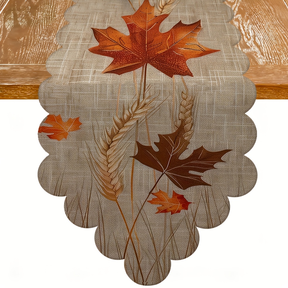 TEMU 1 Chemin de Table Automne Récolte, Texture Lin Feuille d'Érable Rouge Tige de Blé Impression Rustique, Style Ferme Naturel, pour Décoration de