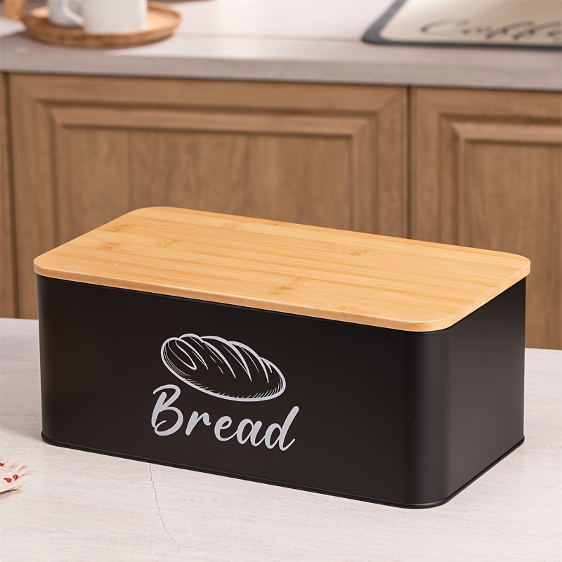 Image of 1pc Bread Storage Box, Metal Container With Bamboo Lid Cutting Board, Storage With Ventilation Holes To Keep Soft, Suitable For Kitchen Countertop Storage Of Toast, Bread, Fruits, And Vegetables