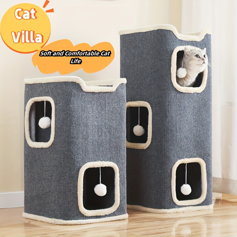 

Multilevel Sisal Barrel Cat Tree Scratcher, Cozy Warm Cat House, Durable & Warm Cat Villa, Fun Cat Climbing Tower With Play Balls