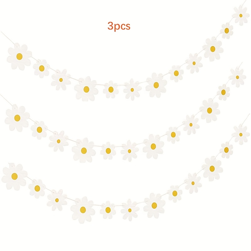Image of Set Of 3 Bohemian Daisy Banners - White Floral Garland Featuring Yellow , Ideal For Indoor And Outdoor Decorations, Celebrations, Birthdays, , Party Decoration | | Sturdy Paper Banner