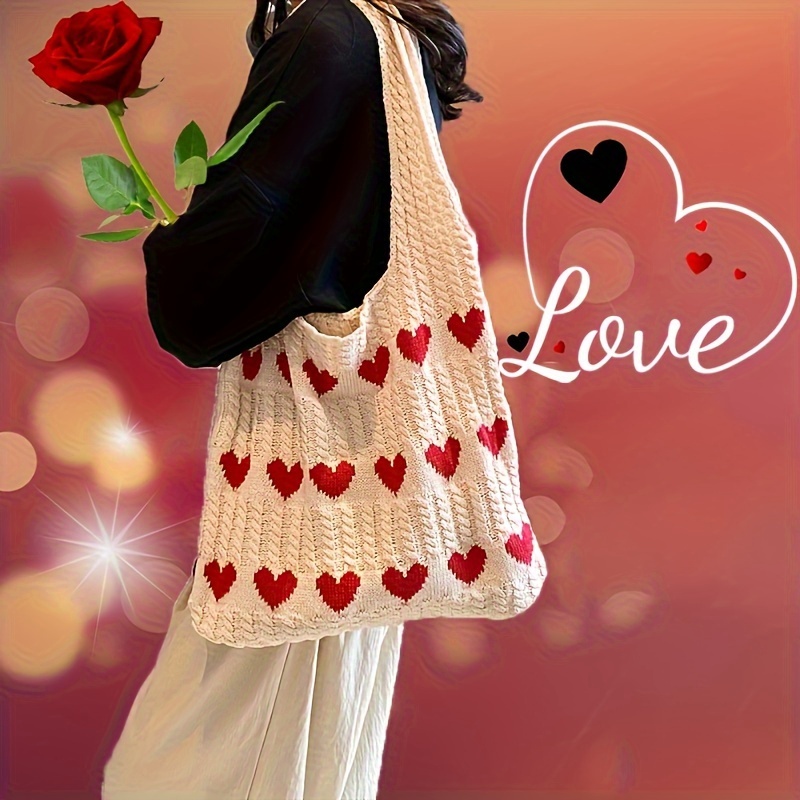 

Love Heart Pattern Tote Bag, Aesthetic Knitted Shoulder Bag, Fashion Crochet Bag For Women, Valentine's Day Gift