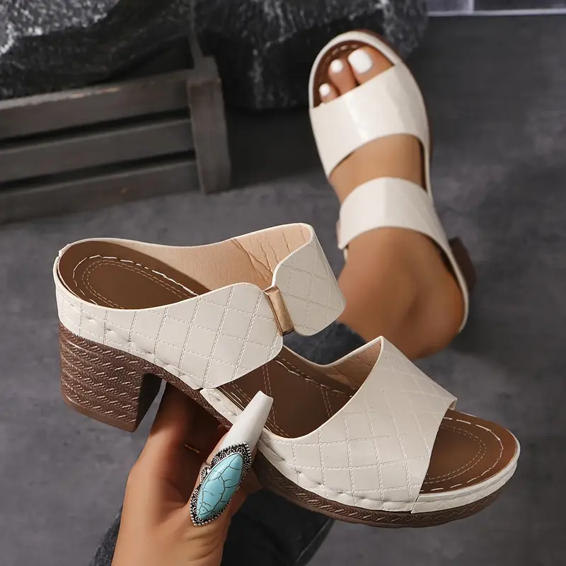 womens chunky heel slides double bands slip on summer sandals comfortable soft sole footwear details 0