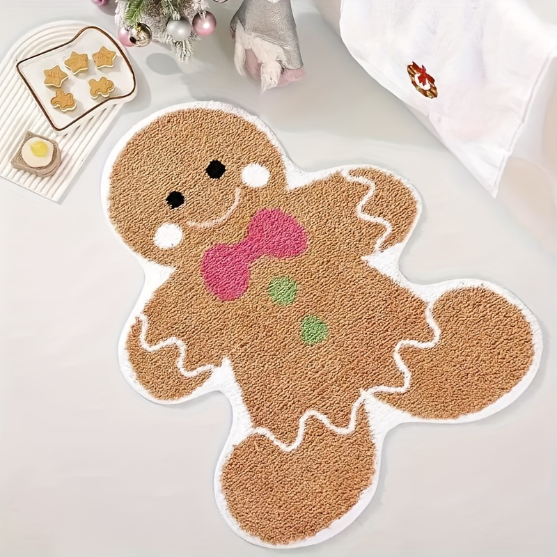 

Christmas Gingerbread Man Bath Mat, Non-slip Microfiber Area Rug, Holiday Decor For Bedroom, Living Room, Bathroom, Knitted Polyester Plush Geometric Pattern Rug, 1000 Gsm