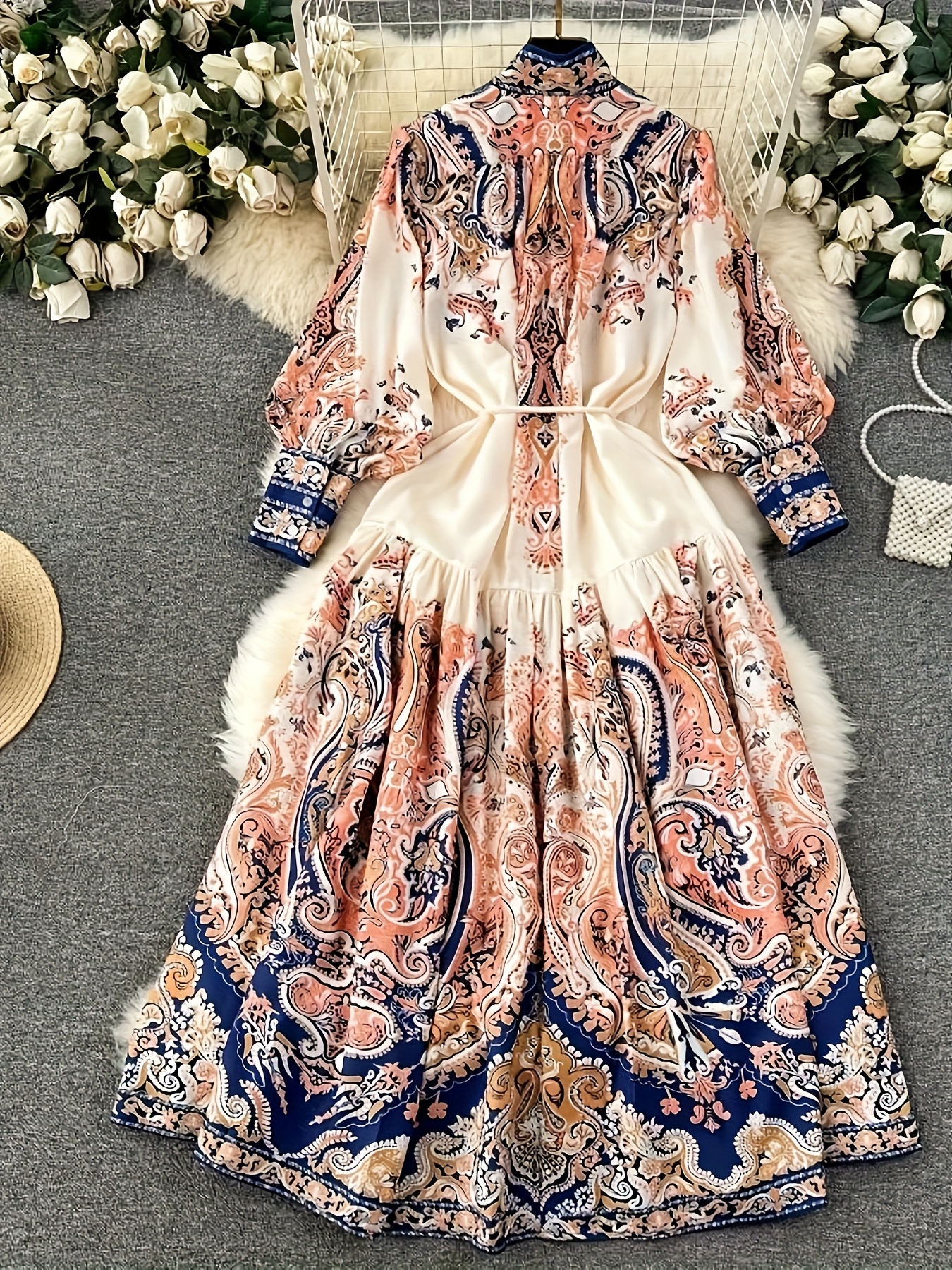 Women's Elegant Bohemian Maxi dress Flowy Floral maxi gown with High  Neck, Long Bell Sleeves, Waist Tie Non-Stretchy Formal Everyday Dresses  in