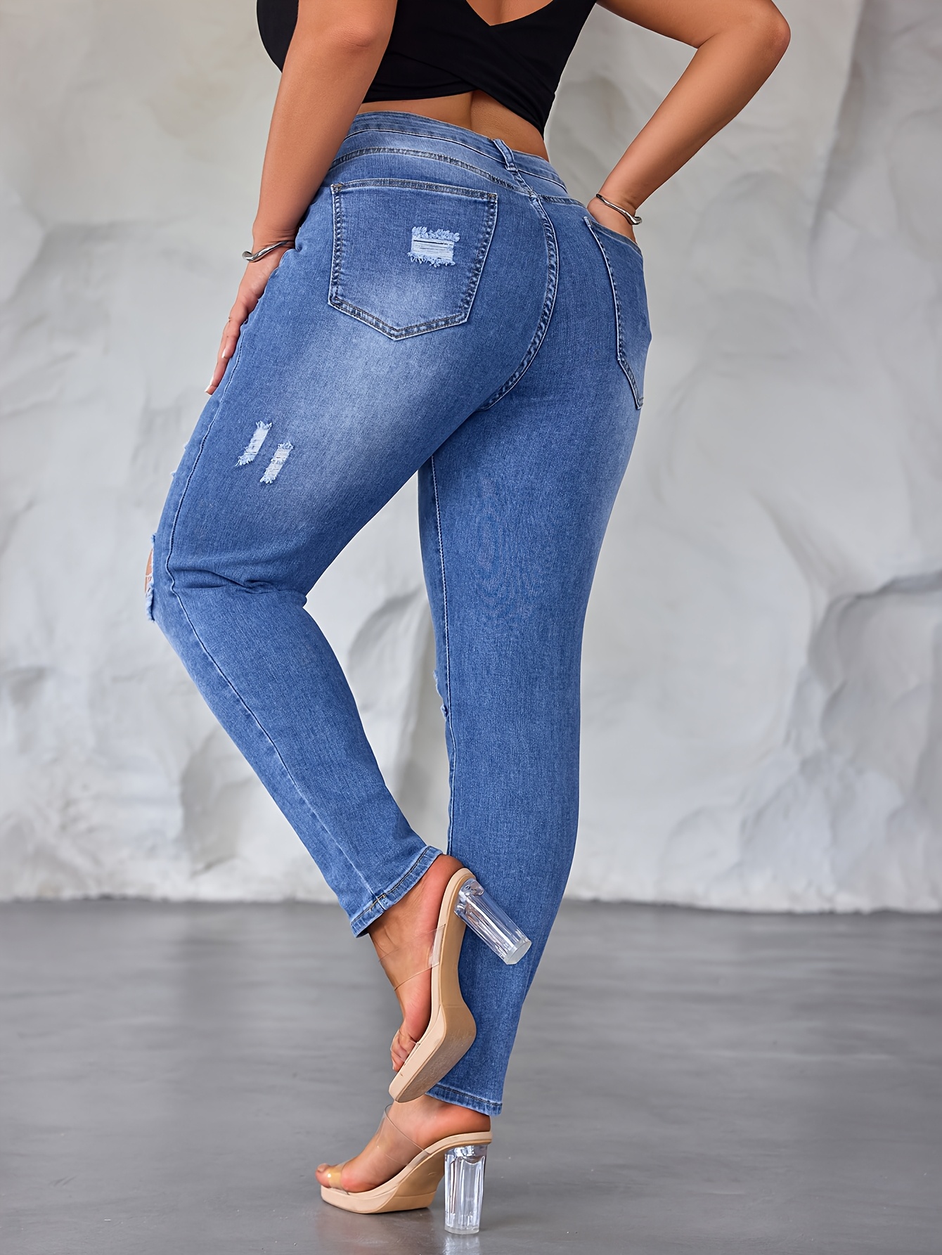 Skinny Jeans Plus Size Distressed Cropped Jeans Women's Plus Size