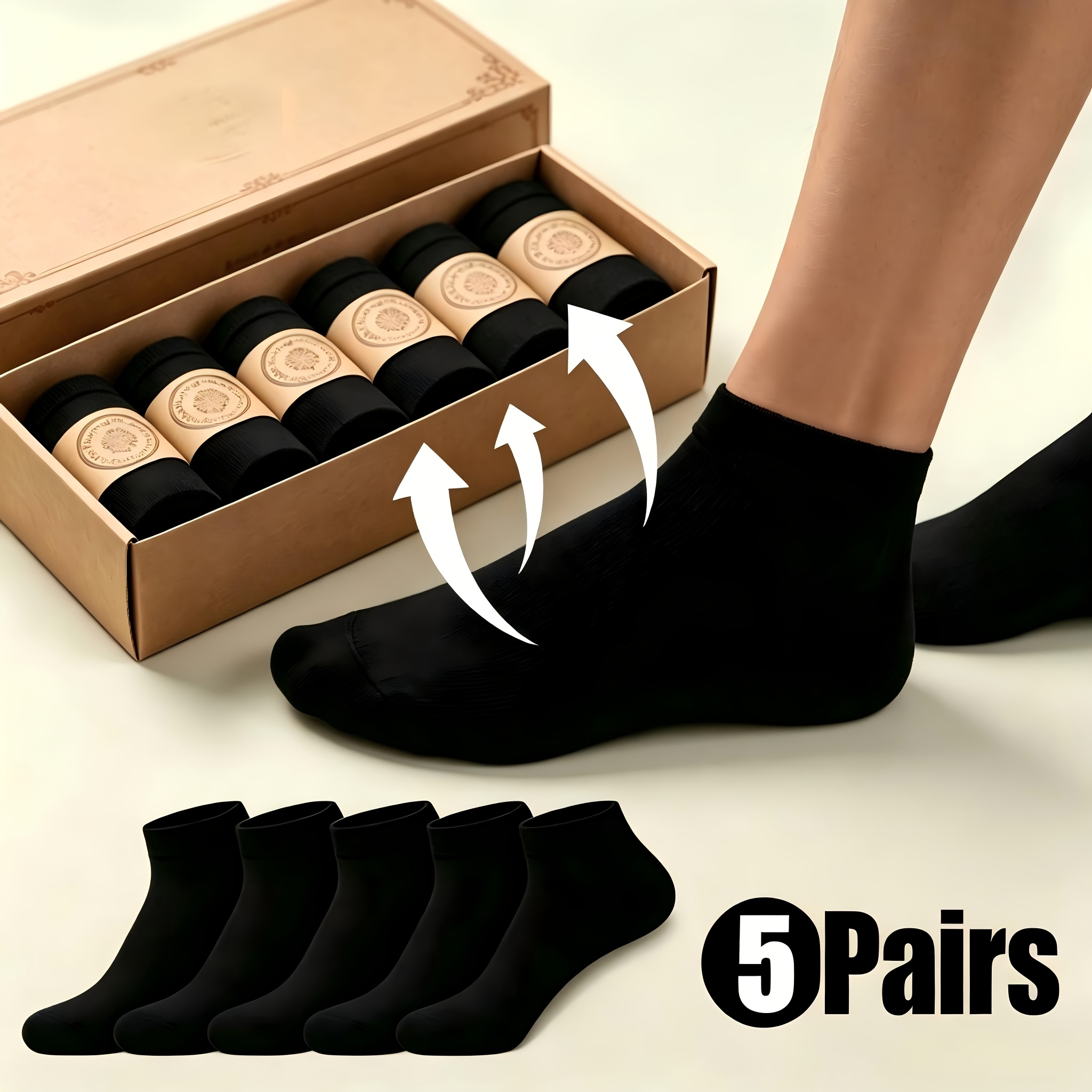 TEMU 5 Pairs Breathable Summer Unisex Socks - Lightweight Travel Essentials, /black, Moisture-wicking Seamless Design, Solid Color Casual Sports