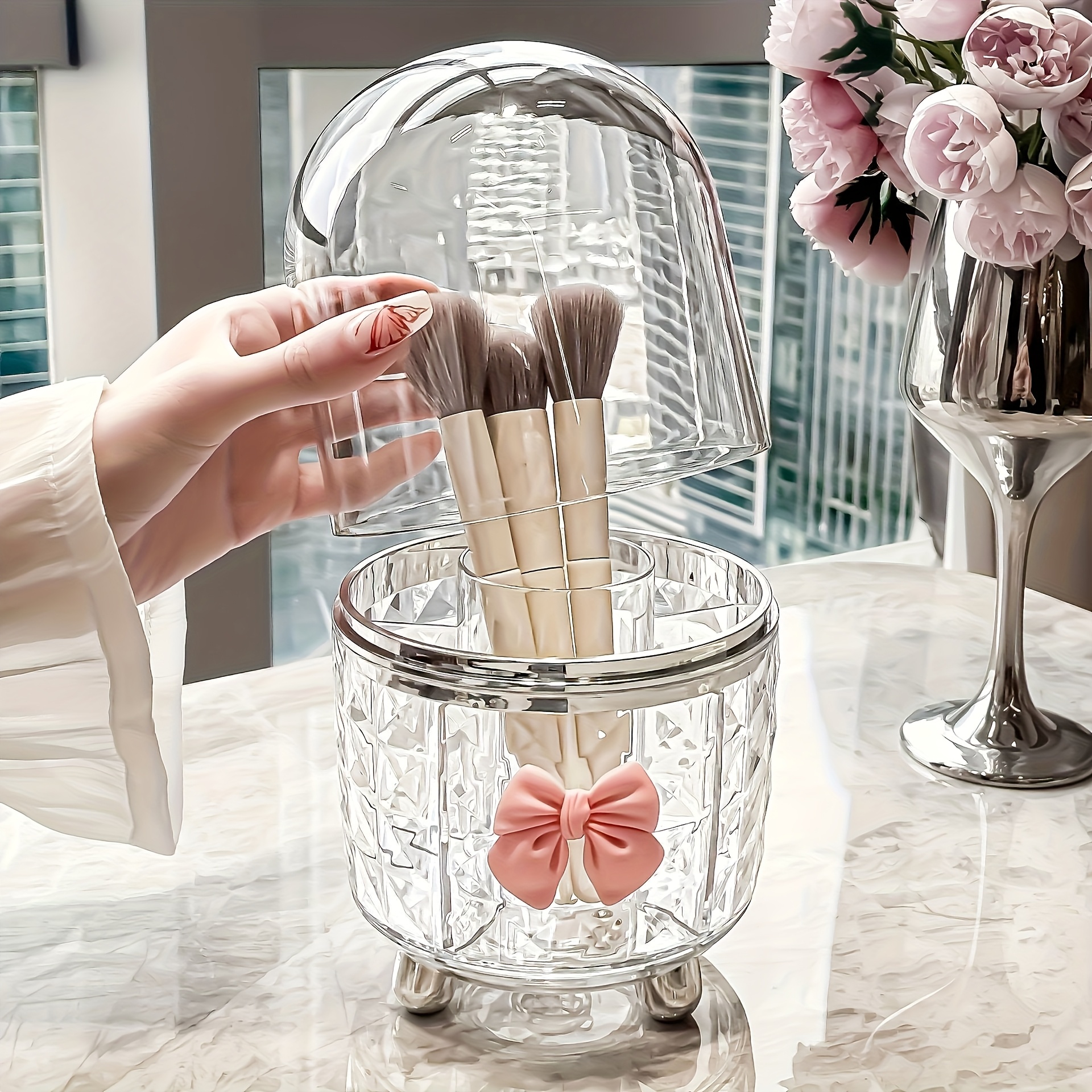 360 degree rotating makeup organizer with clear lid bathroom vanity organizer space saving countertop storage for makeup brushes lipstick eyeliner no power needed durable plastic construction   home or decorative bow accent sturdy brush holder beauty enthusiasts Product details 0