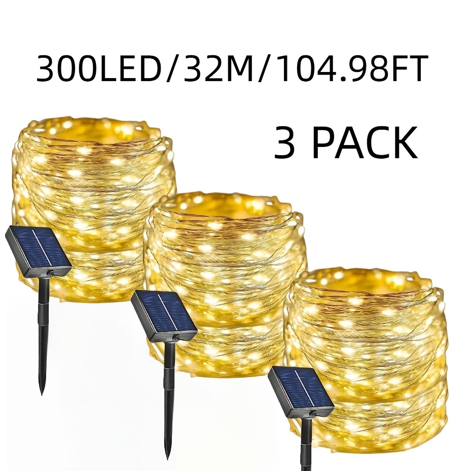 TEMU Lot de 3 guirlandes lumineuses solaires à LED, 50 pièces 100 pièces 200 pièces 300 pièces de perles LED, décoratives d'extérieur pour jardin,