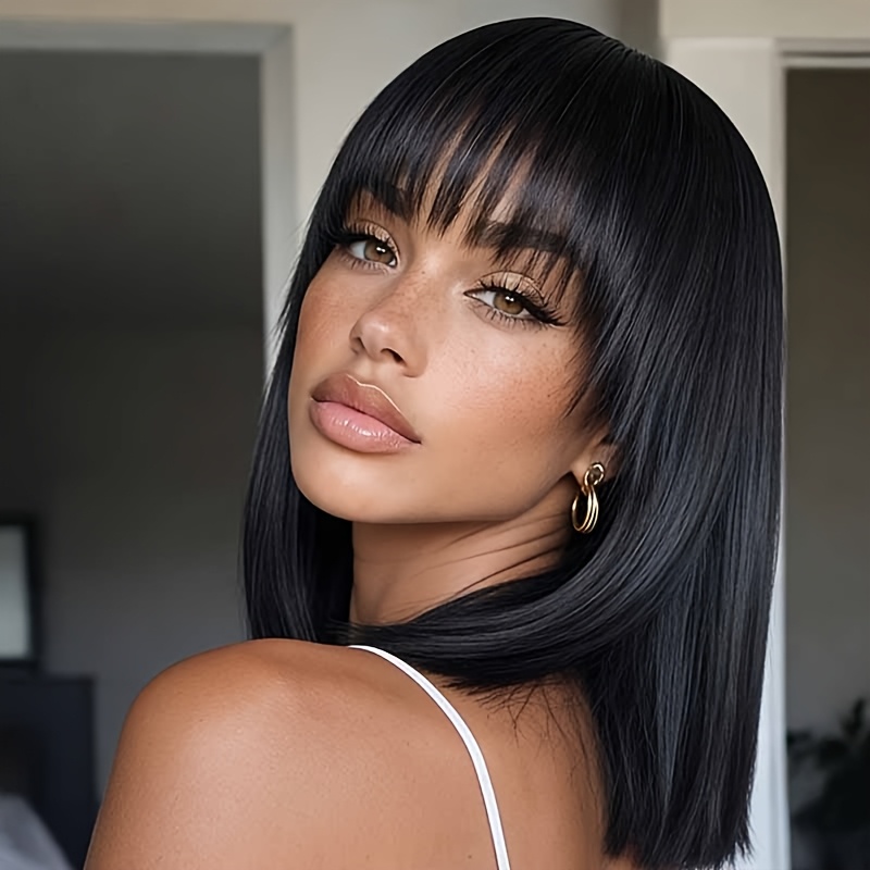 Image of Amecire Short Bob Wig With Bangs Suitable For & Hair Types, Glueless Human Hair Wig With & , Straight Bob Cut With Bangs For Daily Wear, Elastic For Boosting Hairpiece