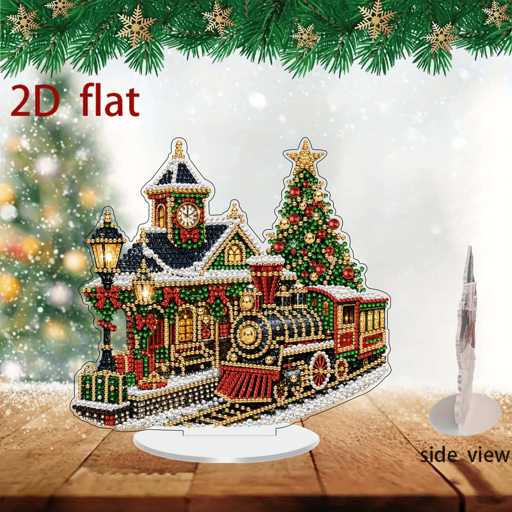 TEMU 2d/flat Diy Diamond Pearl Painting Acrylic Ornament, Christmas Train Station - Suitable For Desktop Decoration, Christmas Gift, Decoration, Diy