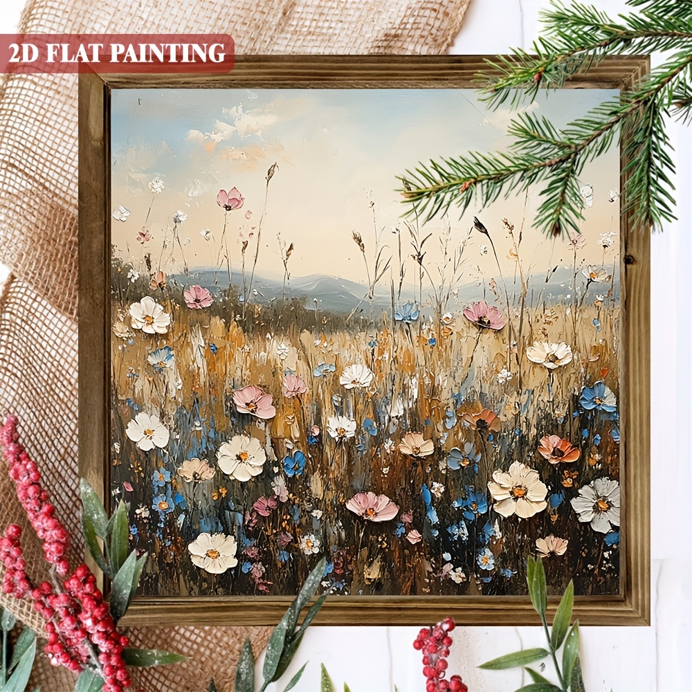 TEMU 2D plat, 1 pièce, de fleurs , Peinture de ferme, Panneau en bois 8X8 pouces, avec cadre, Panneau décoratif, Ornement de bureau, Fournitures de