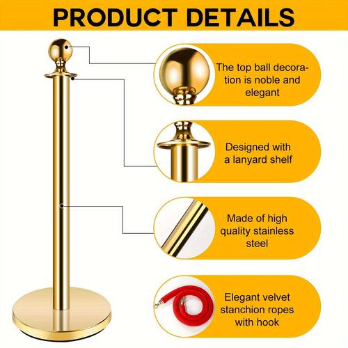 4pcs Stainless Steel Stanchion Post, 5 FT Red Carpet Ropes And Poles, Golden Stanchions With Red Rope, Hollow Base And Velvet Ropes Safety Barriers Set, Carpet Runner For Party