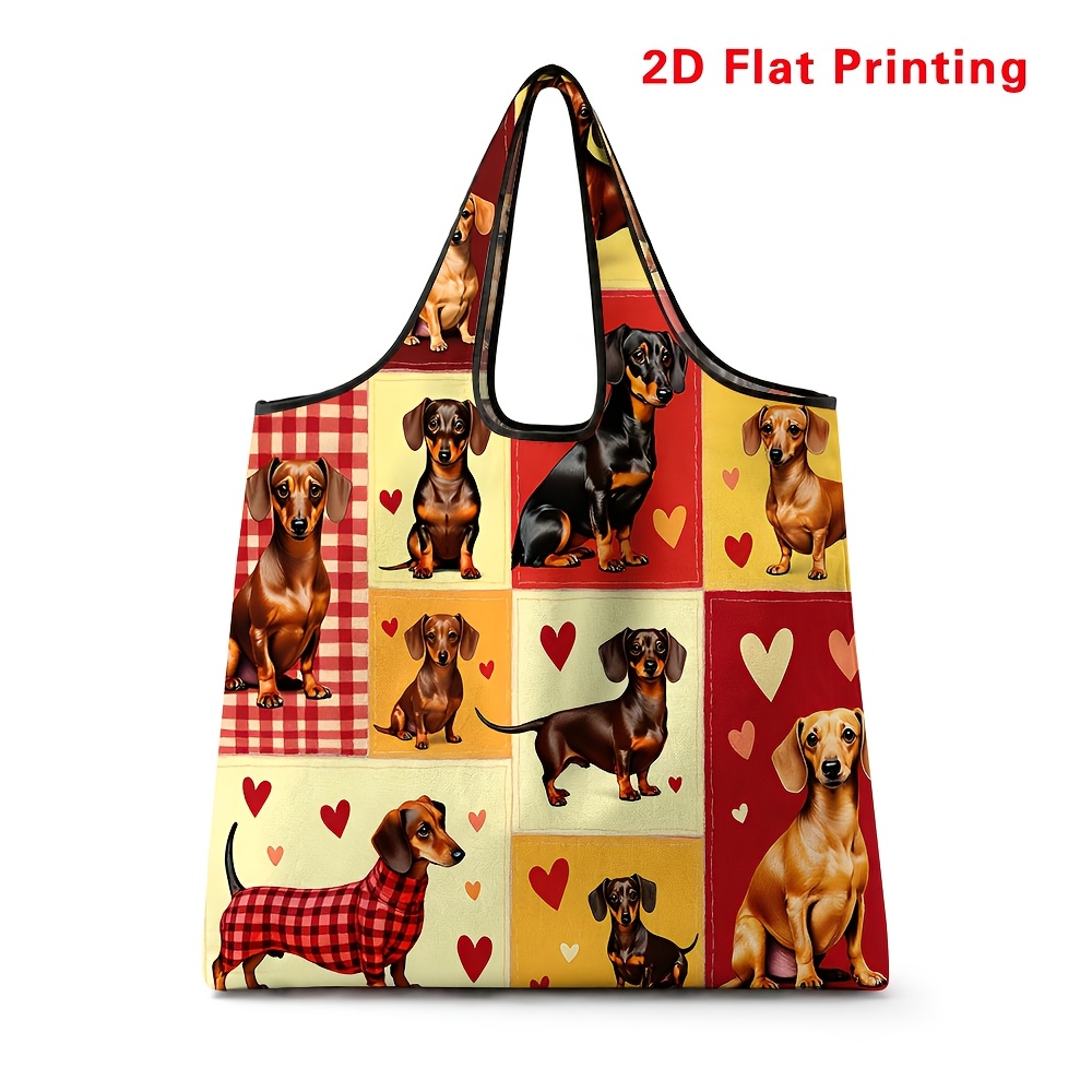 TEMU Foldable Shopping Bag With Cute Dachshund And Heart Print, Hand-carry Large Capacity Portable, Suitable For Daily Use, Travel, Beach Bag, Gym