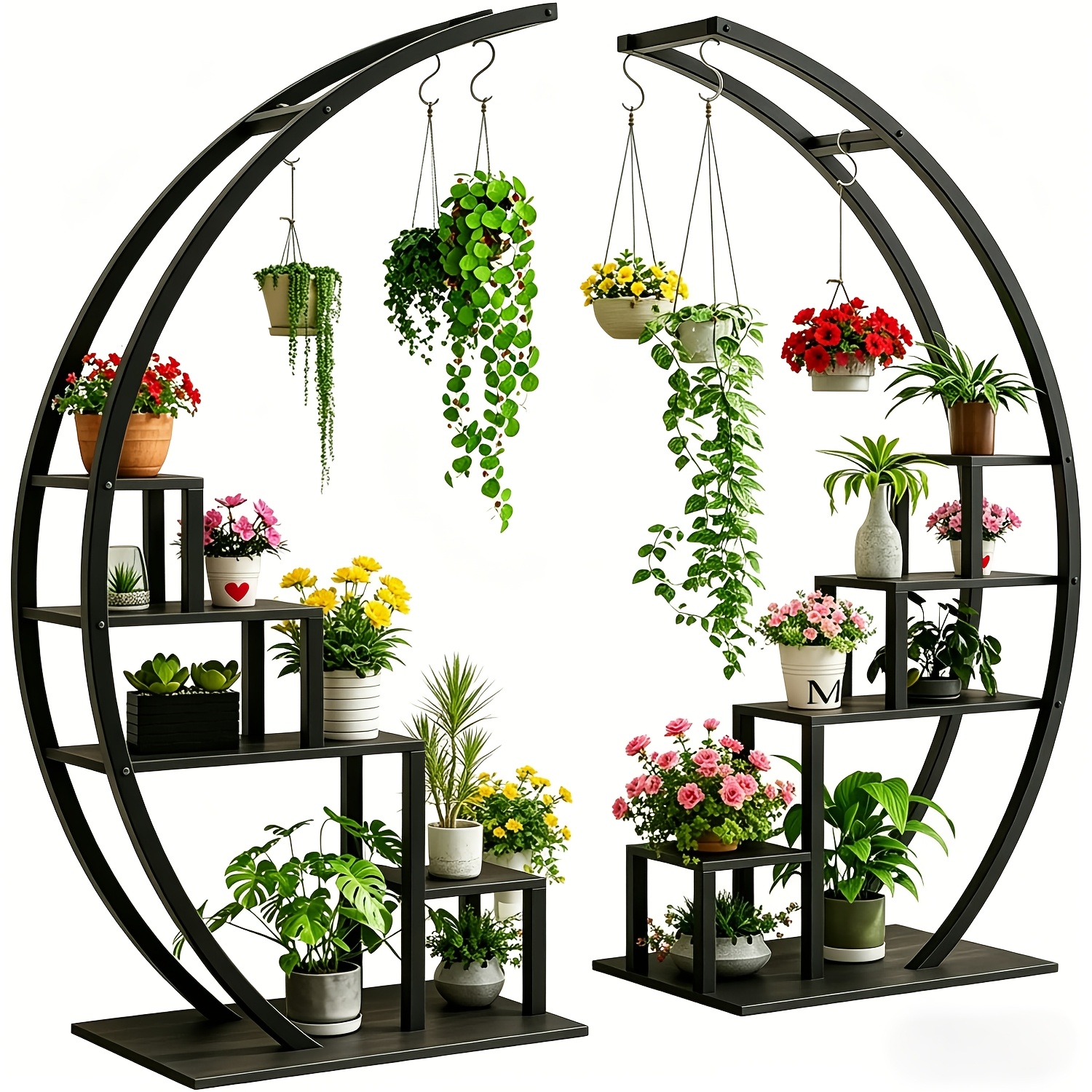 TEMU 2026 New Upgraded -1 Set (2 Pack) Plant Stand Indoor 5 Tier Tall For Decor, Thickened Board, More Durable, Metal Plant Shelf +8 Hanging Hooks,