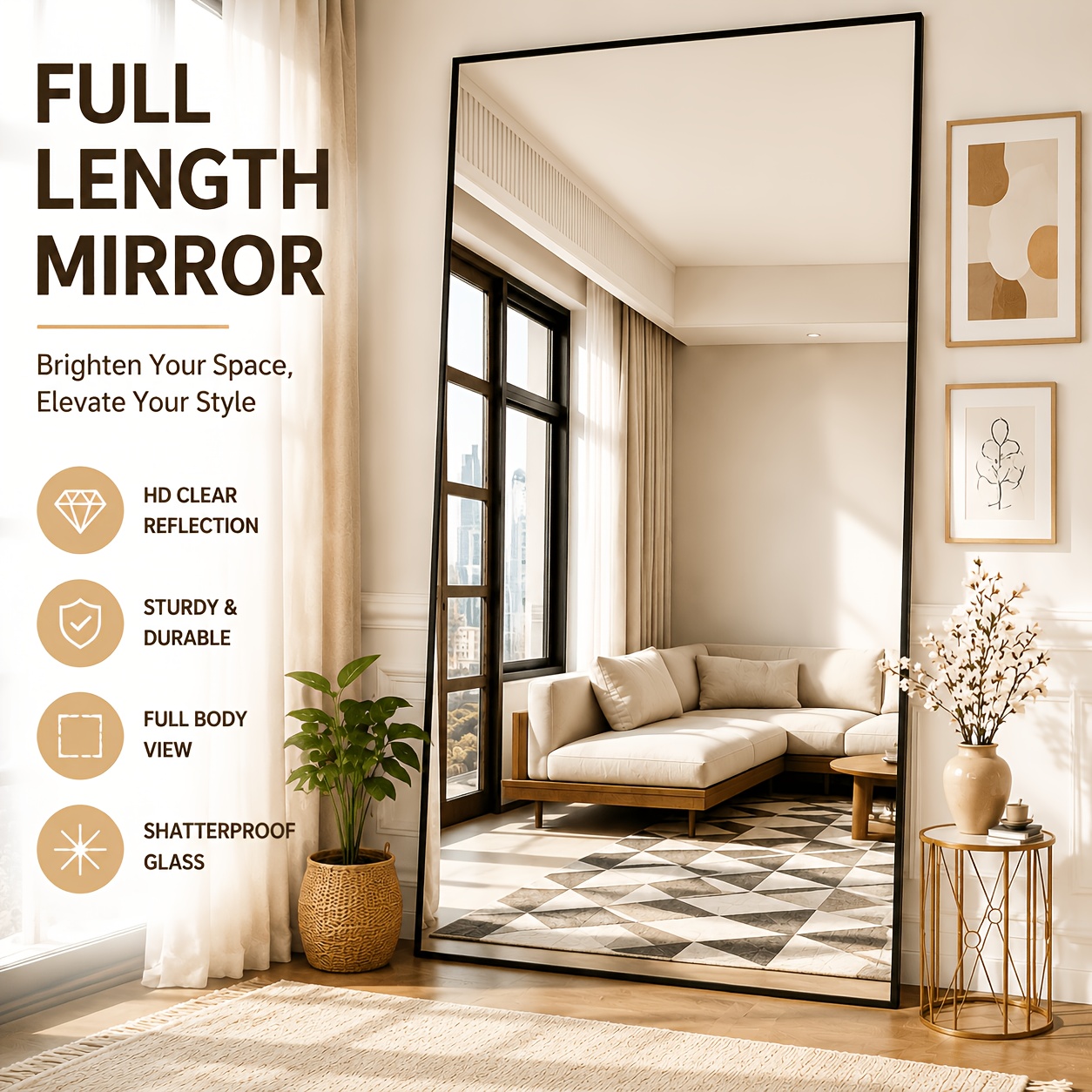 TEMU Specchio da parete 172 � 78 cm, cornice in di alluminio, specchio da autoportante con vetro temperato infrangibile, per camere da letto, bagni,