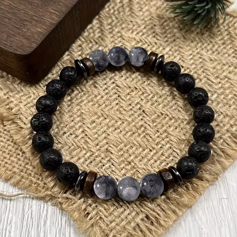 rock obsidian bracelet with round natural stones handmade beads unisex accessory bohemian style birthday and christmas gift unique festive wearable jewellery Product details 5