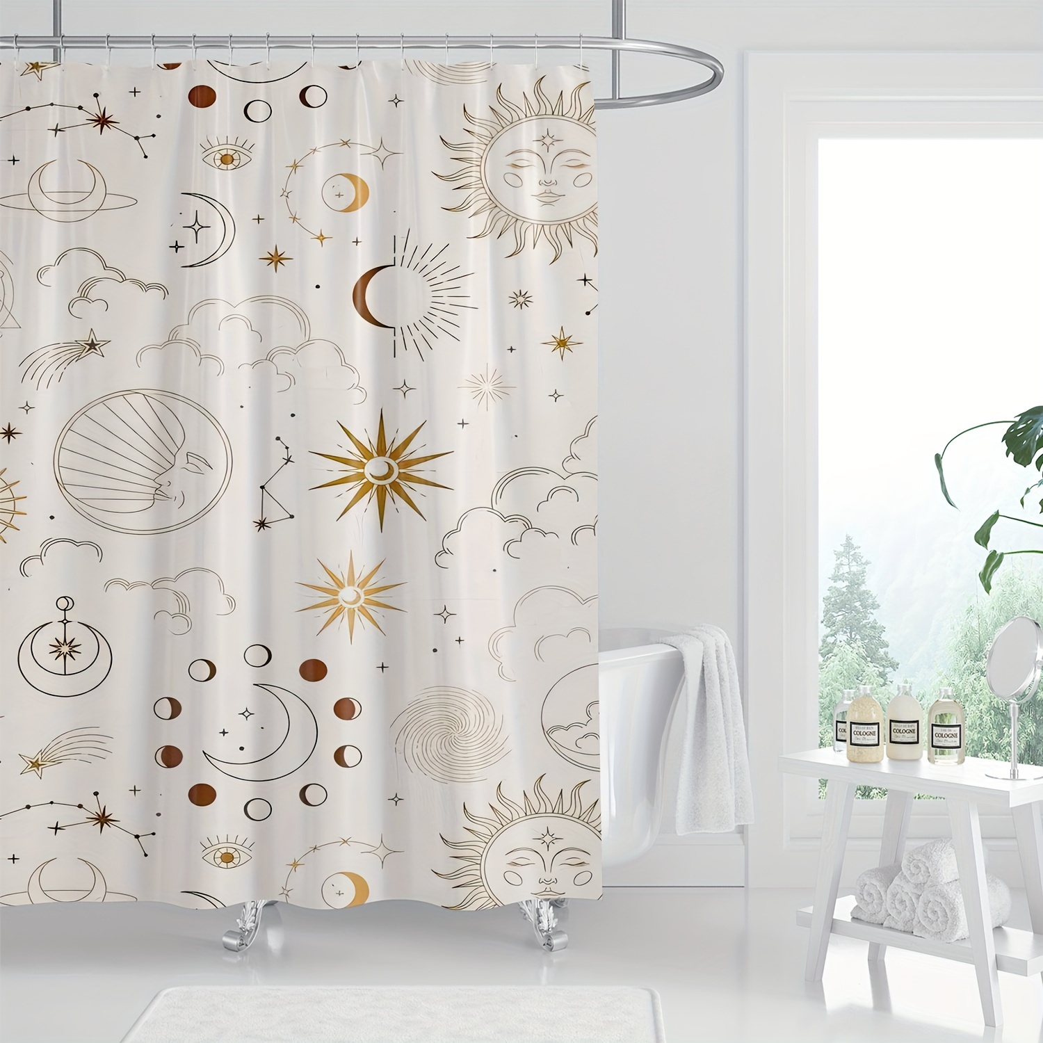 

1pc, Celestial Shower Curtain, Vintage Golden Beige Sun Moon Stars Geometric Pattern, Digital Print, Bathroom Decor, Machine Washable