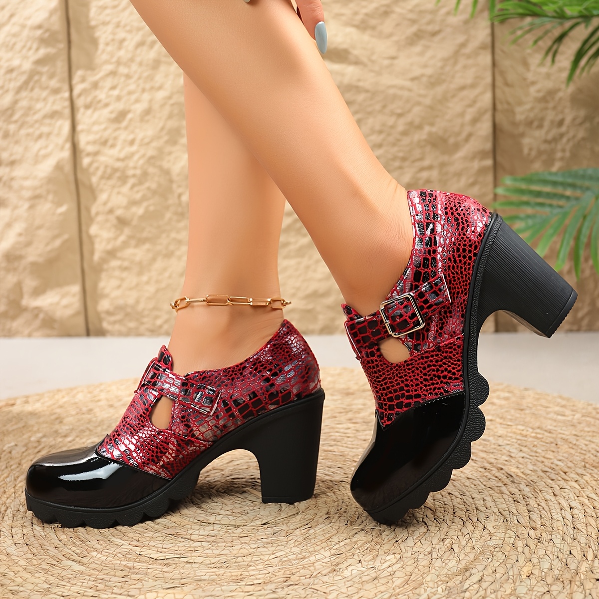 TEMU 2026 Collection Of Cross-border High-heeled Shoes For Women, Featuring A Deep Mouth Design, Color-blocking, And A Chunky Heel Suitable For