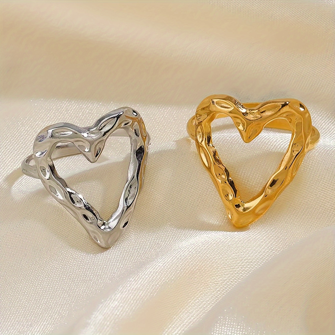 

1pc Fashion Heart Shaped Stainless Steel Ring, 18k Gold Plated Non-fading Opening Ring Suitable For Men Women