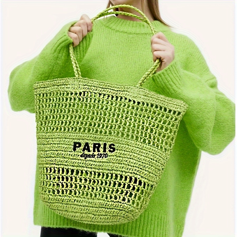 

Large Capacity Casual Hollow Straw Tote Bag, Handmade Woven Shoulder Bag With Paris Lettering, Summer Bali Beach Handbags