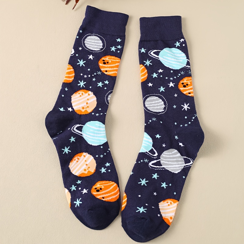 

Men' Crew Socks - 1 Pair, Mixed Colors With Unique Print, Breathable Polyester , Casual Wear