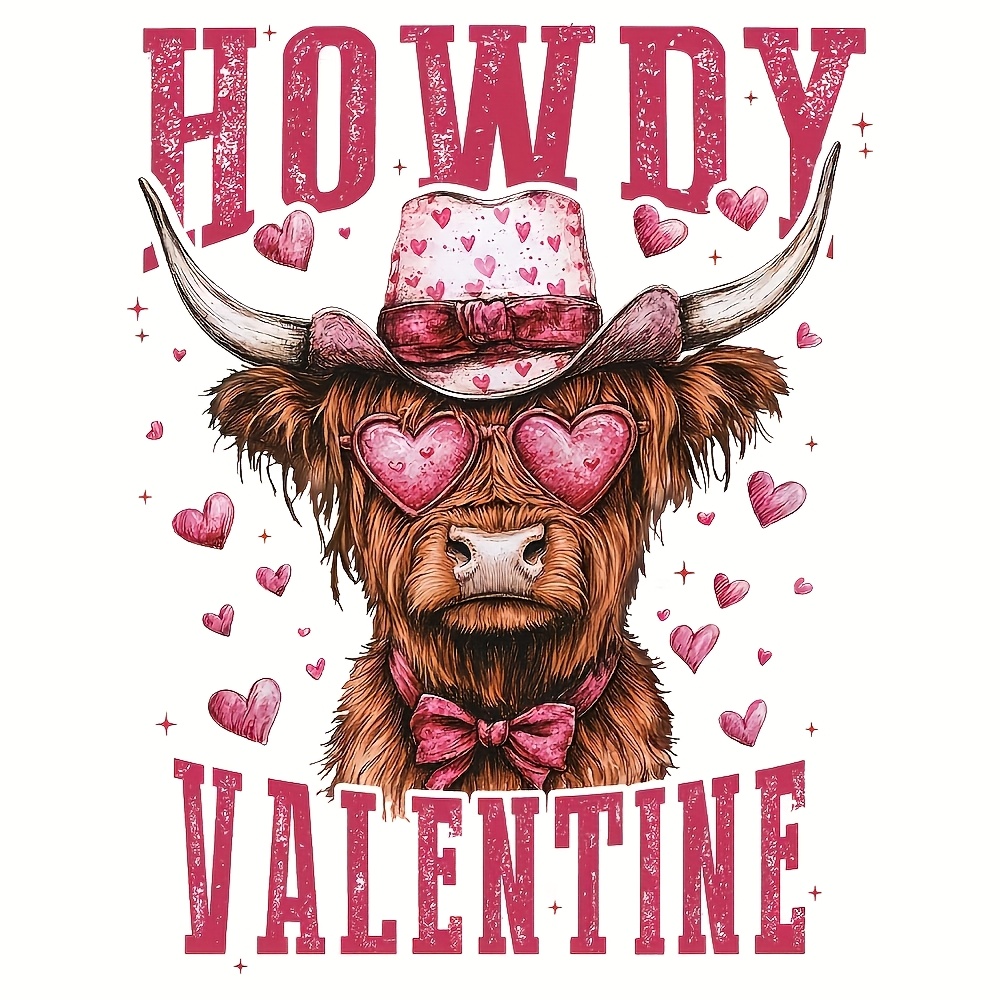 

4-pack 2025 Valentine's Day Highland Cow With Hat & Heart-shaped Glasses Heat Transfer Vinyl Stickers - Diy T-shirts, Jeans, Masks, And Backpacks