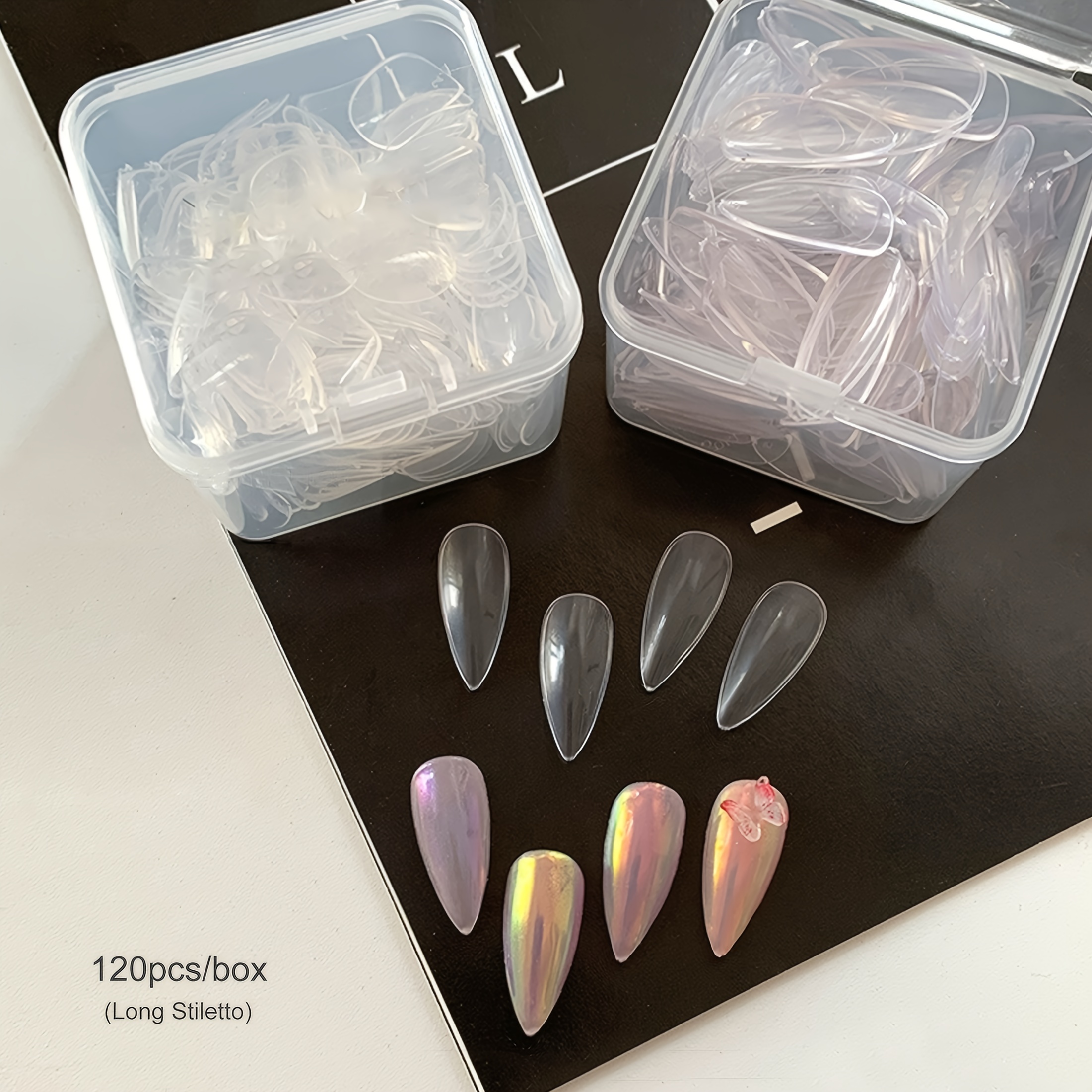 TEMU 120pcs Boîte d'Essais de Nail Art, Échantillons de Nail Art, Échantillons d'Ongles Transparents - d'Ongles Carrées/Oval/Noires, Ajouts d'Ongles