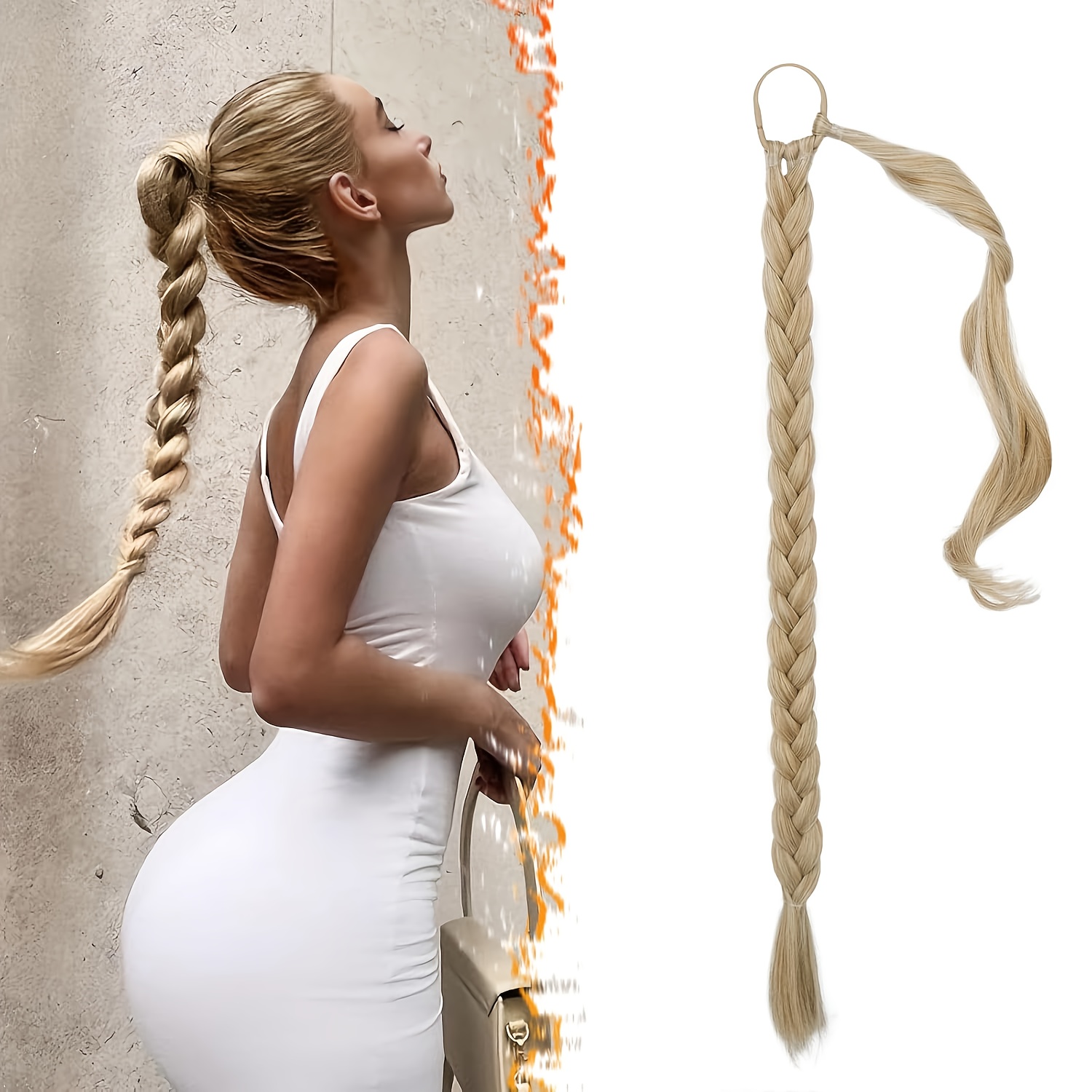 long braid ponytail extension,   with a hair tie, straight hair wrapped hair cap, suitable for women   wear of natural and soft artificial hair pieces. 0
