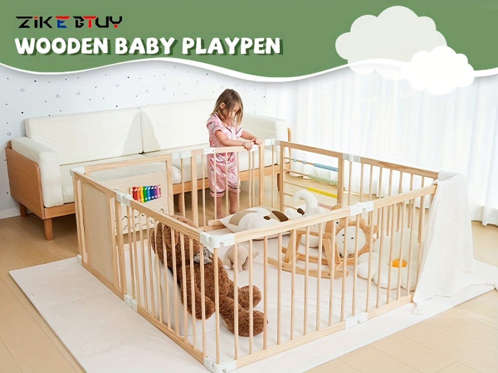 SLSY Foldable Wooden Baby Playpen Activity Center, Adjustable Size & Shape Portable Large Play Yard for Babies And Toddlers, Baby Fence Play Area Wood Gate 63