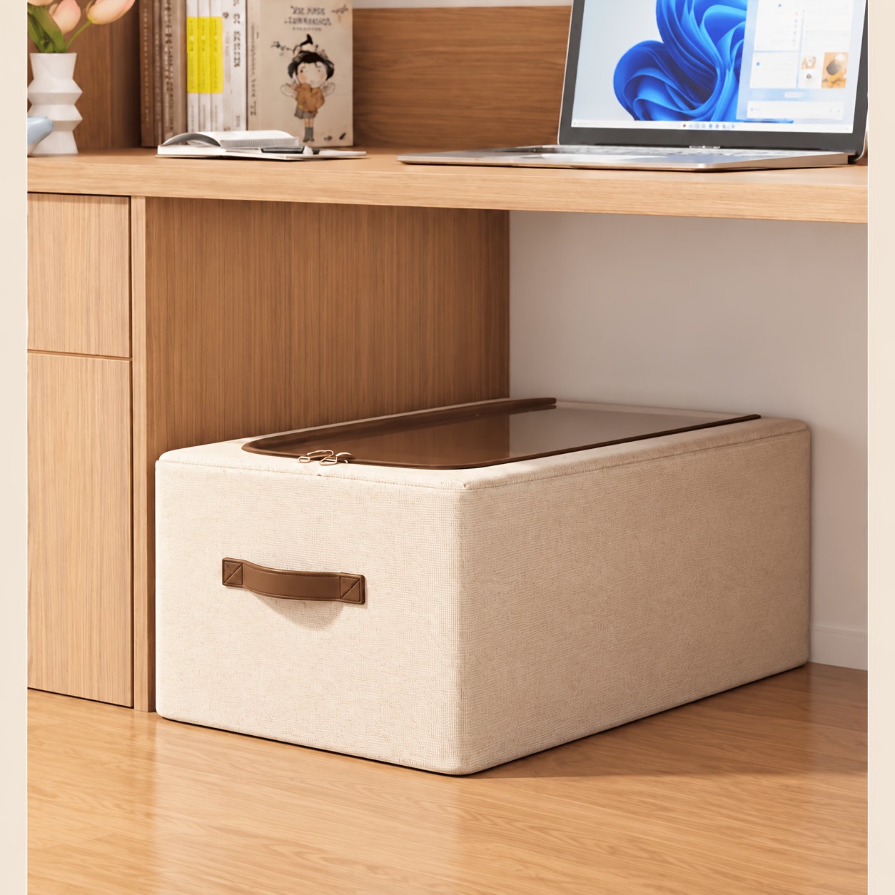 TEMU [foldable Shoe Cabinet] 4-season Foldable Double-window Shoe Cabinet - Dustproof Stackable Under-bed Storage, Beige Vintage Style, Suitable For