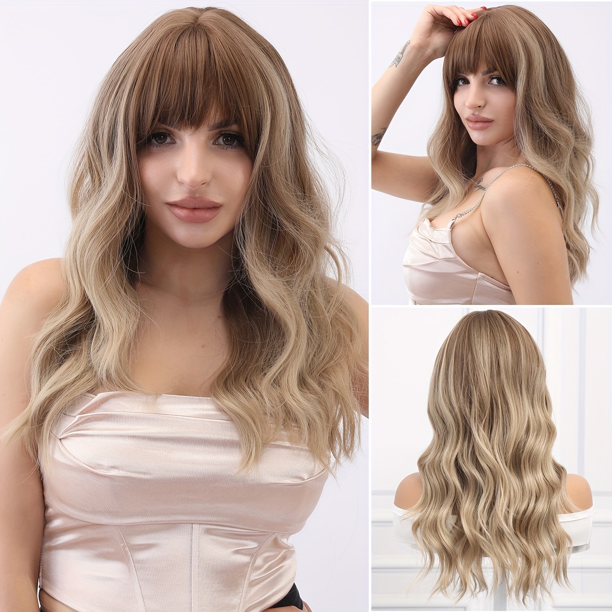 

Smilco 22inch Fashionable And Elegant Women's Gold Spot Dyed Liu Hai Synthetic Curled Hair Wig - Heat Resistant, Easy To Shape, Paired With Comfortable Rose Mesh Hat, Creating Daily Style