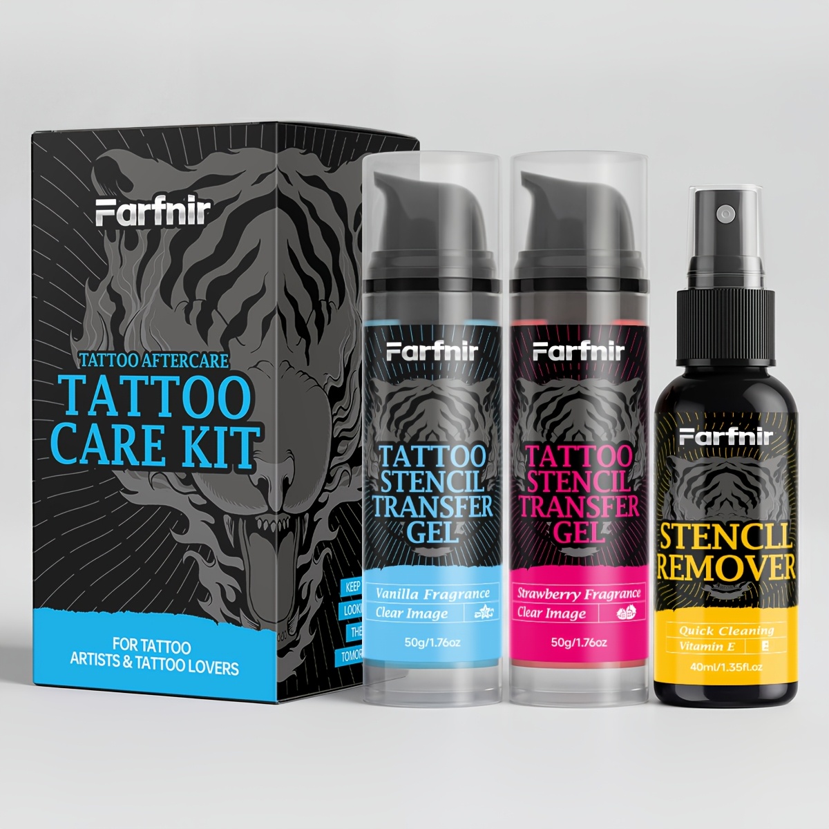 Farfnir Tattoo Stencil Transfer&cleaning Kit: 50g Stencil Primer (vanilla+strawberry) 40ml Stencil Remover Spray. Anti-smudge Formula For Complex Designs Professional Essential.