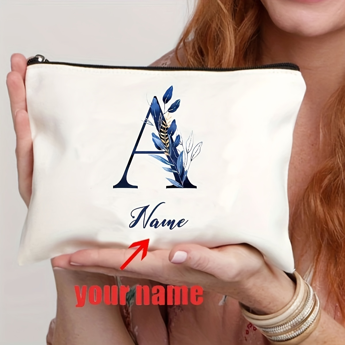 TEMU Borsa Trucco Stampa a Tema Blu con 26 Lettere, Pochette Personalizzabile con , Borsa da Toeletta Portatile con Cerniera, Regalo per degli