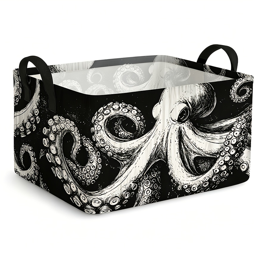 TEMU 1pc, Foldable Storage Basket With Black And White , Extra-large Foldable Storage Basket, Open Storage Box, Rectangular Storage Box With Handle,