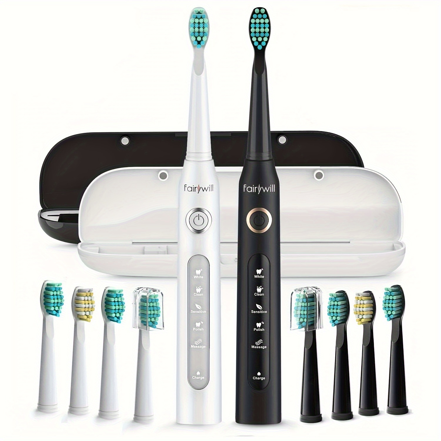 Image of Fairywill Electric Toothbrush With 5 , For Adults With 8 Heads & 2 Travel Cases, Timer, Fast Charger Couple Suit